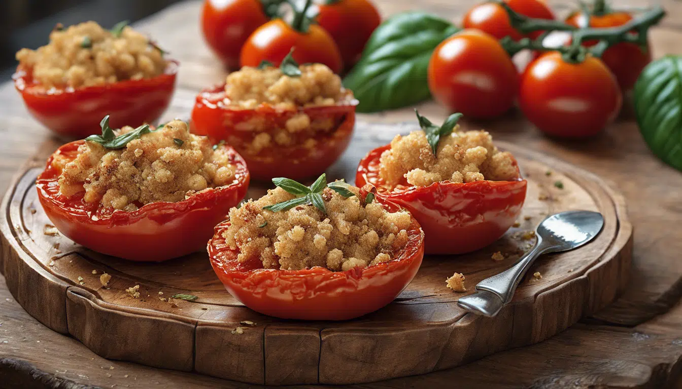 découvrez notre délicieuse recette de tomates rôties au four agrémentées d'un crumble au parmesan. ce plat classique est facile à réaliser et promet de ravir vos papilles à chaque bouchée. idéal pour une entrée ou un accompagnement, laissez-vous séduire par cette explosion de saveurs inégalées !